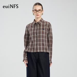 【euiNFS】Women’s Plaid Button-Up Shirt | Casual Checked Long Sleeve Top | Vintage Korean Style Blouse | Soft Lightweight Everyday Shirt【E313144】