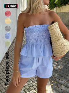 Two-piece Set Women's Striped Print Tube Top & Shorts Set, Casual Strapless Top & Shorts for Daily Wear, Ladies Clothes for Summer