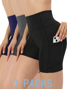 Women's 3pcs Plain Pocket High Waist Sports Short Leggings, Summer Clothes Women, Comfy Stretchy Seamless Skinny Biker Shorts for Yoga Gym Workout, Ladies Sportswear Bottoms for Summer