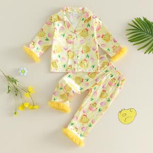 2Pcs Easter Pajamas Sets for Girls Long Sleeve Lapel V Neck Button Down Chick Egg Print Tops and Elastic Waist Pants