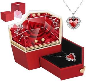 Heart Shape Preserved Real Rose with Necklace Valentines Mothers Day Rose Gifts