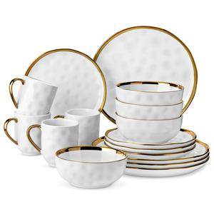 LOVECASA 12/16-Piece Modern Ceramic Dinnerware Set for 4 People - Glossy Finish with Gold Trim, Stackable Serving Dish Tableware Set, Vintage Cutlery Service for 4