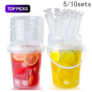 5/10pcs Set 33.81 oz Large plastic cup with lid and straw - reusable, BPA-free drink cup for ice drinks, fruit, ice bucket - ideal for parties, festivals, and everyday use, Plastic Clear Cups #TOP PICKS