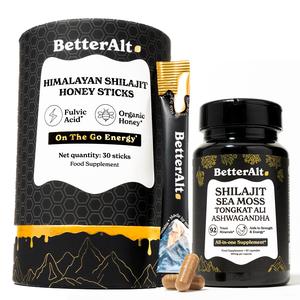 BetterAlt All-in-one Wellness Bundle | Himalayan Shilajit Honey Sticks & Gold+ Shilajit Capsules | Best Sellers in one pack | Lab-Tested for Purity | Helps Boost Energy, Stamina & Immunity | 30 Honey Sticks & 1-Month Capsule Pack | Food Supplement