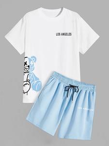 Men's Casual Outfit Set: Los Angeles Bear Print T-Shirt + Elastic Waist Shorts, Soft Fabric, Effortless Co-ord Set, Multi-Wear for Beach, Hangouts & Sports, Summer American Streetwear Trend, Casual Fashion Set, Menswear