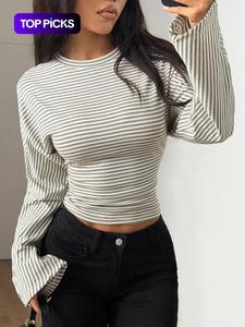 Women Striped Long Sleeve Top Slim Fit Soft Stretch Fabric Crew Neck Casual Chic Basic Tee Daily Wear Office Street Style Layering Essential Fall Spring Outfit