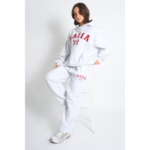Kaiia Bow Embroidered Ribbed Waistband Wide Leg Joggers Light Grey Marl & Red