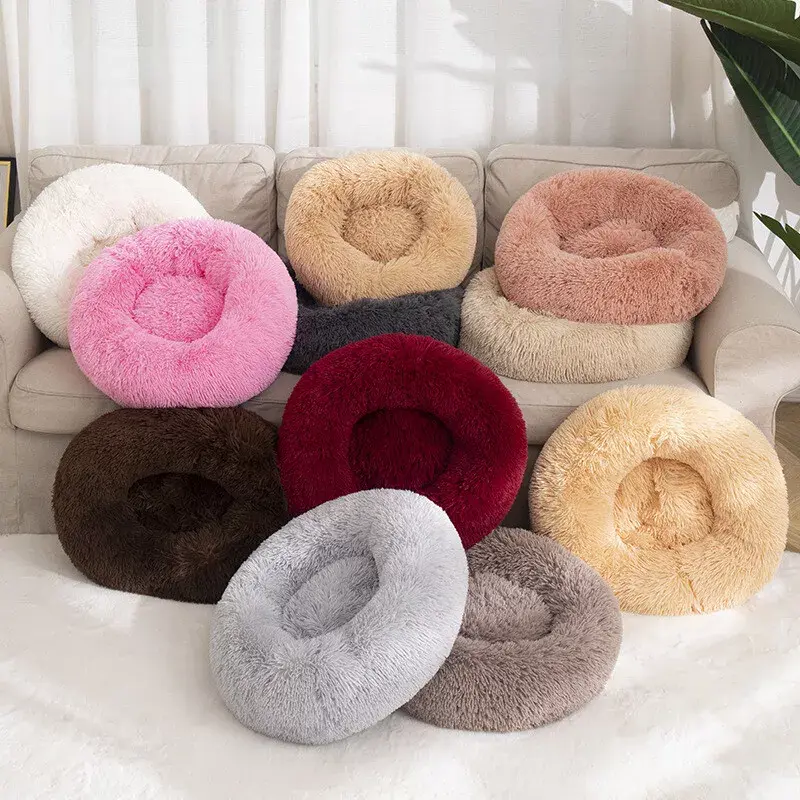 Dog Bed Donut Soft Round Plush Cat Beds For Calming Pet Anti Anxiety Washable