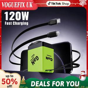 【Clearance Sales】GaN 120 W Retractable Fast Charger | Built-in USB-C & Lightning Cables | Foldable Multi-Device Adapter for iPhone 17, iPad & MacBook | Ultra-Fast Charging | Compact & Travel-Ready | Perfect for Halloween & Christmas Gifts