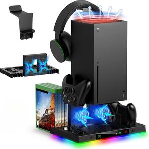 Cooling Stand for Xbox Series X, Controller Gamepad Charge Seat with Headphone Hook & Game Discs Card Slot, RGB Light Double Fan Console Accessories