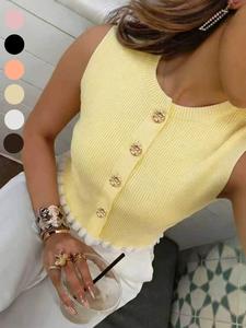 Spring Summer New Women's Casual Vest, Womenswear Fitted Tops, Metal Button with Ruffle Hem, Simple Design, Perfect for Daily Wear