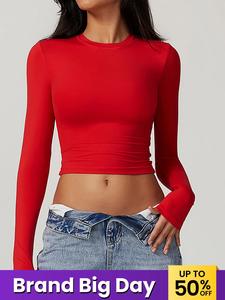 Women's Solid Round Neck Compression Sports Tee, Quick Drying Long Sleeve Crew Neck Crop T-shirt, Ladies Sportswear for Indoor Outdoor Wear, Valentine's Day Gift for Girl