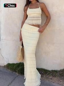 Women's Solid Halter Backless Top & Skirt Two-piece Set, Casual Fashion Cozy Two Piece Outfits for Daily Outdoor Wear, Ladies Clothes for Summer