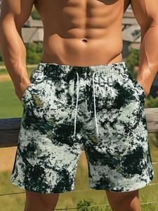 Men's Marble Print Drawstring Waist Beach Shorts, Loose Casual Comfy Breathable Shorts for Summer, Men's Bottoms for Beach Vacation