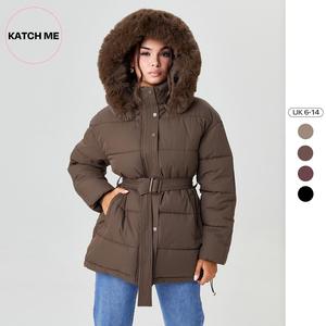 Katch Me Look Women's Versatile Solid Color Fluffy Hooded Zip-Up Belt Decor Cotton Coat, Cozy Outerwear Jacket for Fall & Winter, Classy Mid-Length Outfit