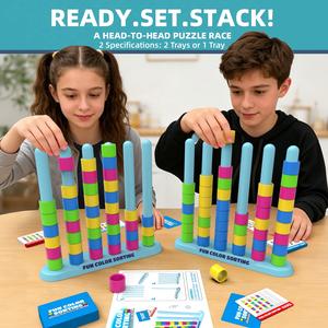 Color Stack Challenge Game – Fast-Paced STEM Color Sorting Stacking Puzzle Toy for Kids Ages 6+, 50 Double-Sided Challenge Cards, 2/1 Stacking Trays  | Family Party Board Game, Educational Matching Activity for Indoor & Outdoor Play