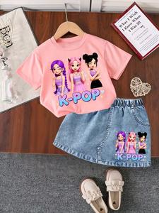 Girls' Korean Style Two-Piece Set T-Shirt & Denim Skirt, Skirts Sets, Cartoon Print, High Saturation Colors, Comfortable Elastic Waist, Summer Casual Wear