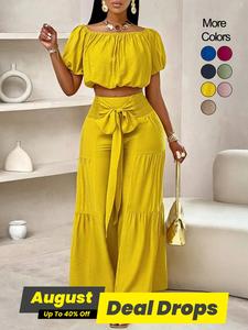Women's Solid Color Top & Wide Leg Pants Set, Elegance Casual Breathable Loose Fit Off Shoulder Top & Palazzo Pants for Summer, Ladies Clothes for Beach Holiday Vacation, Shortsleeve Womenswear, Summer Clothing Set, Summer Outfits Set