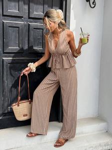 Women's Striped Tie Waist Sleeveless Shirt + Long Pants Set, Vintage Casual, Linen-Like Fabric, Comfortable Commuter