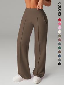 Women's High Waist Elastic Wide Leg Pants, Casual Sports Trousers, Comfortable Side Pockets, Multi-Season Wear, Durable Material, Casual Loose Pants