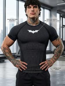 Batman Men's Fitness Short Sleeve T-Shirt, High Stretch Tight Fit, Sporty Commute Wear, Fitness Workout Shirt, All over Print, Long Clothing, Short Sleeves