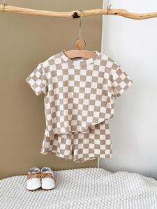 Baby Set Brown Checkered Design Round Neck Soft Short Sleeved+Loose Sports Shorts Summer Breathable Clothing Infants Children