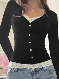 Women's Colorblock Contrast Lace Button T-shirt, Casual  V Neck Long Sleeve Top for Fall & Winter, Women's Clothing for Daily Wear