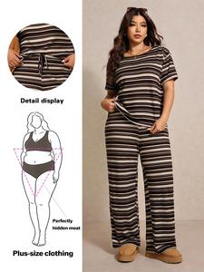 Women's Plus Size Striped Print Drop Shoulder T-Shirt and Long Pants Sleepwear Set, Loungewear, Comfortable Home Wear, Casual Fashion Night Outdoors Walking