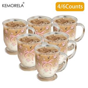 Flower & Bow Pattern Glass Cup Set, 4/6 Counts 450ML Reusable Glass Cup, Drinking Cup for Milk, Coffee, Juice, Drinkware for Home Office Use, Kitchenware