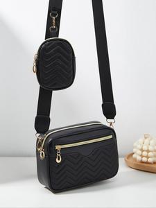 Summer New Style V-shaped Quilted Bag and Small Wallet Set for Women, Plain Color Zipper Square Affordable Luxury Bag, with Adjustable Strap for Work, Shopping, Airport Outfits 2024