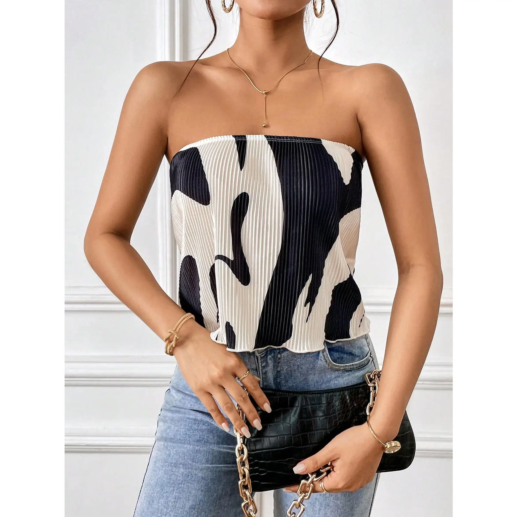 Private Allover Print Tube Top Womenswear Comfort Bridal Casual Multicolor Short