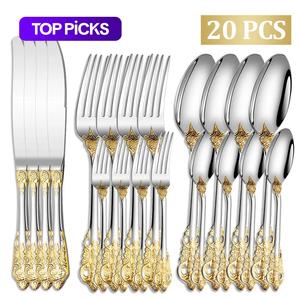 Stainless Steel Cutlery Set, 20pcs/set Including Knife, Fork & Spoon, Elegant UtensilsTableware Set for Home Party & Restaurant, Kitchen Accessories
