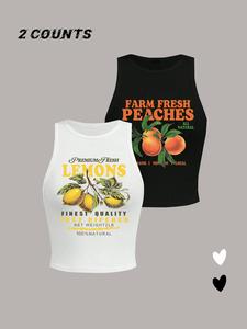 Women's Letter & Lemon Print Round Neck Tank Top, Casual Sleeveless Crew Neck Top for Summer, Ladies Clothes for Daily Wear, Socks