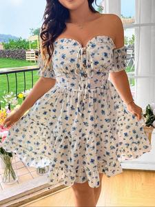 【Plus Size】 Floral Print Fake Buttons Frill Trim Shirred Dress, Boho Off Shoulder Ruffle Hem Tie Front A Line Dress for Beach Holiday Vacation, Women's Clothes for Summer