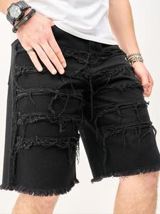 【Plus Size】 Solid Color Distressed Hem Denim Shorts, Casual Comfy Loose Fit Shorts for Daily Wear, Men's Bottoms for All Seasons, Cotton
