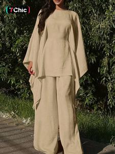 Women's Loose Two-Piece Set, Minimalist Long Hoodie Top + Wide Leg Pants, Casual Natural Style for Spring & Fall Seasons