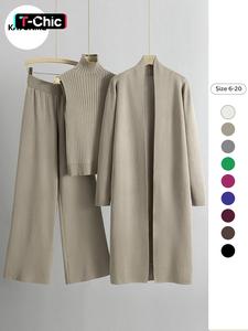 Trendy Minimalist Knit Turtle Neck Tank Top & Wide Leg Trousers with Open-front Long Cardigan Three-piece Loose Soft Clothes Sets, Casual Womenswear, Long Sleeve