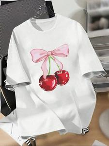 Women's Cherry & Bowknot Print Tee, Casual Short Sleeve T-shirt for Summer, Ladies Clothes for Daily Holiday Outdoor Wear