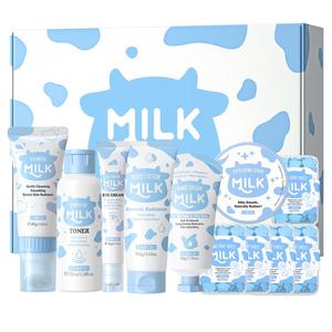 Milk Skin Care Gift Box, 1 Set Refreshing Moisturizing Facial Cleanser & Toner & Eye Cream & Scrub & Body Lotion & Soap & Hand Cream, Skin Care Kit for Women