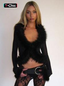 Women's Fashion Casual Breathable Solid Color Mesh Patchwork Faux Fur Long Sleeve Top, Comfortable Versatile Outerwear for Daily Wear