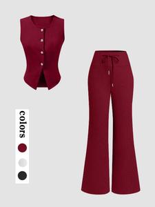 2pcs Sleeveless Metal Button Vest + High Waist Flare Pants Set, Slim Fit, All Seasons, Ideal for Pear Shape, Short Stature, Office, Date, Shopping