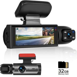 1080P Dual Lens Car Dash Cam with 32GB Card, Infrared Night Vision, 3.16-Inch IPS Screen, 24-Hour Parking Monitoring and Loop Recording