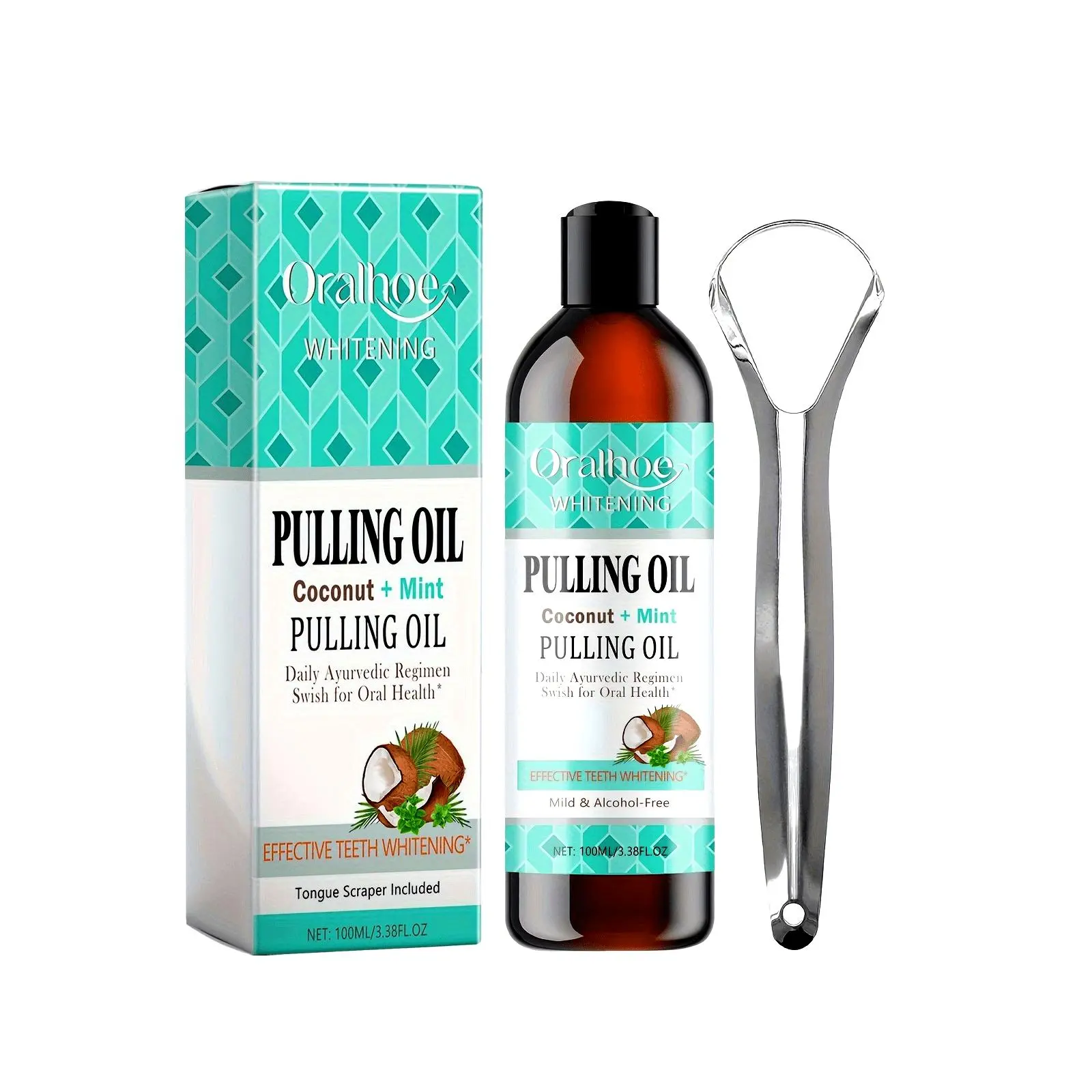 Oralhoe Whitening Pulling Oil with Coconut Mint Flavor, Oral Care for Fresh Breath and Teeth Cleaning, Includes Tongue Scraper, 100ml