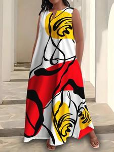 【Plus Size】 All Over Print Tank Dress, Casual Flattering Sleeveless Maxi Dress for Summer, Women's Plus Clothing for Daily Wear, Dresses for Women, Womenswear, Plus Size Tummy Flattering Dresses, Bohemian Print Dresses