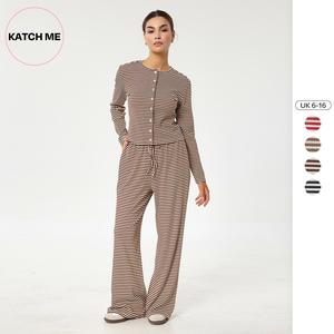 Katch Me Look Women's Casual Stripe Button Long Sleeve Top & Drawstring Waist Wide Leg Trousers Co-ord, Cozy Loose Two Piece Set for Lady Spring & Fall