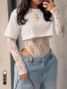 Women's Sexy Lace Romper, Fitted Long Sleeve Leotard Top Bodysuits, All over Print Design, Perfect for Spring & Fall Fashion