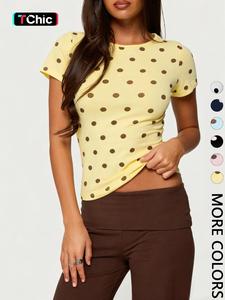 1 Spring Summer Polka Dot Baby Tee Women Casual T Shirt | Round Neck Slim Fit Cropped Short Sleeve Top | Y2K 90s Retro Preppy Style for Daily Vacation Date Wear