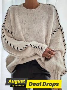 Women's Contrast Binding Drop Shoulder Knitted Sweater, Casual Basic Long Sleeve Round Neck Jumper for Fall & Winter, Fashion Ladies' Knitwear for Daily Wear