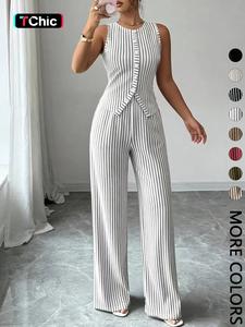 Elegant Commute Style Set, Sleeveless Round Neck Buttoned Slim Vest + High Waist Loose Straight Leg Pants, 2 Piece