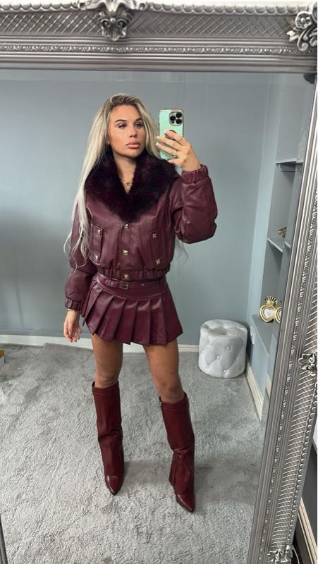 Women’s fitted burgundy PU leather bomber jacket with fur trim and zip, BLAIR fashion coat.